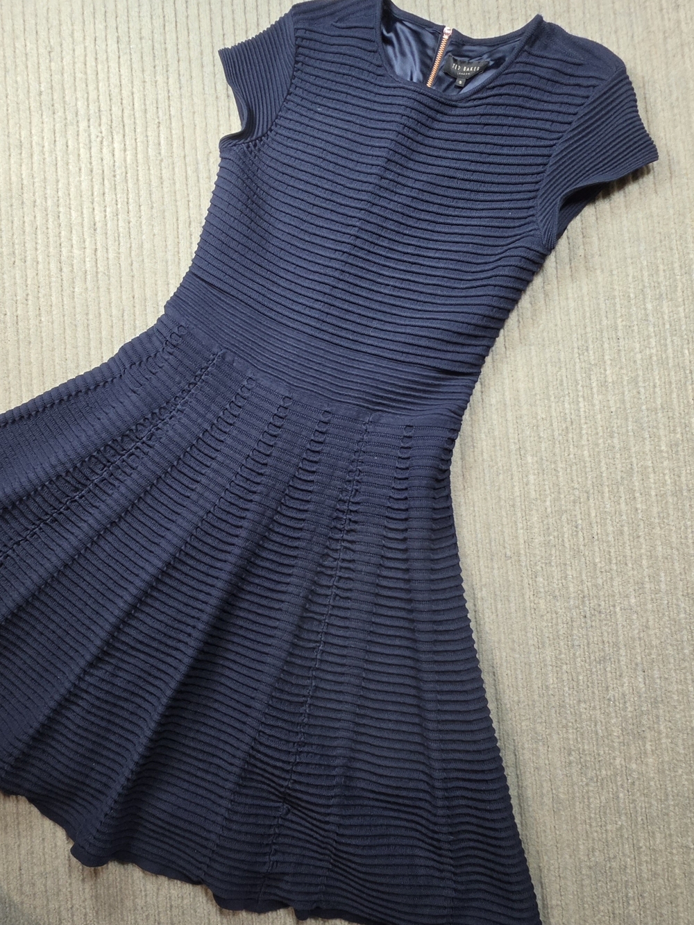 Ted Baker London Dress Size 3 US 8 Fit & Flare Knit Office Navy Blue Ribbed